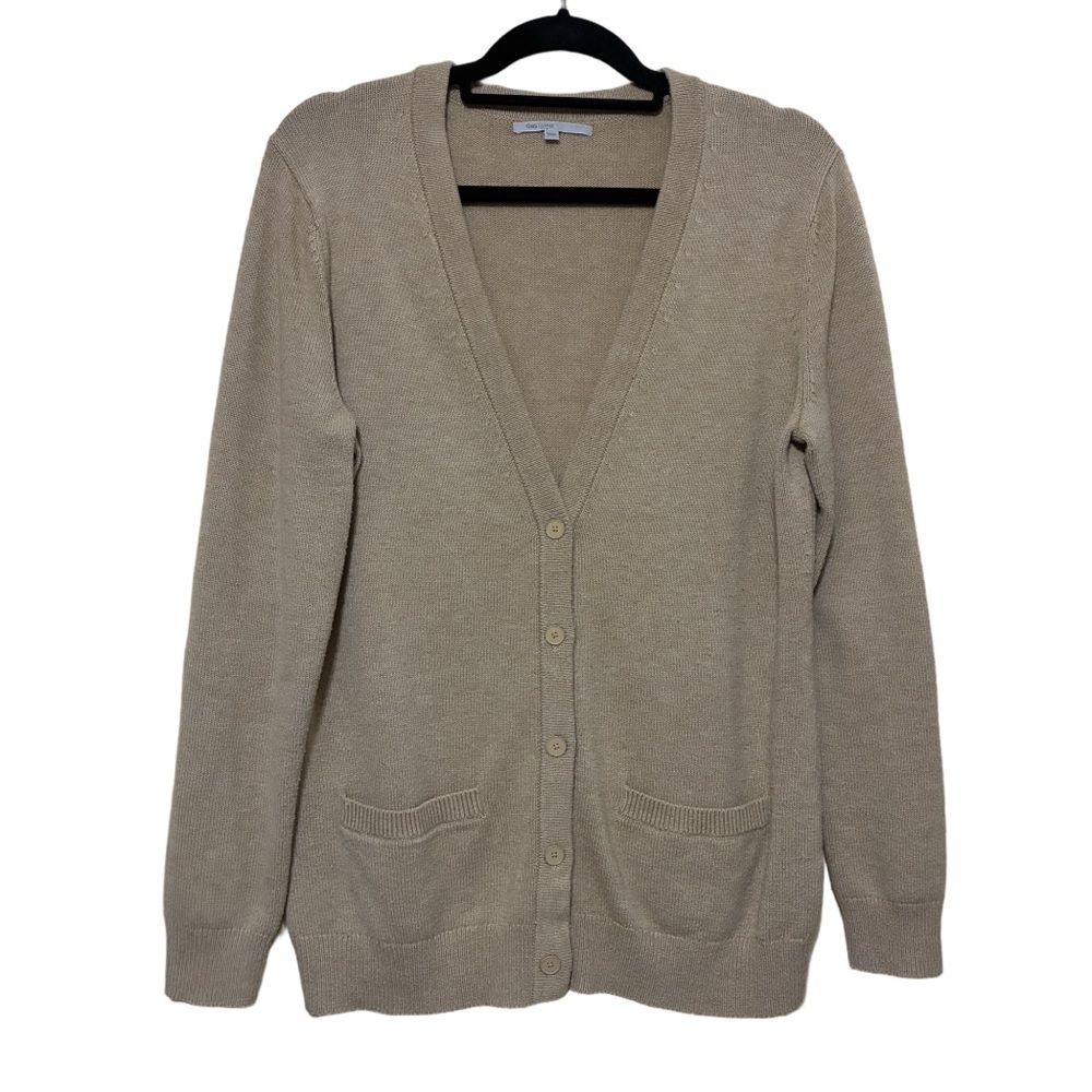 Gap Wool Blend Grandpa Button Front Cardigan Women’s L Tan Elbow Patch